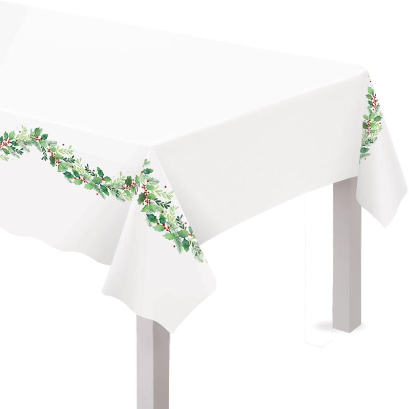 Christmas | Traditional Holly Christmas Plastic Table Cover, 54In X 84In Christmas Christmas