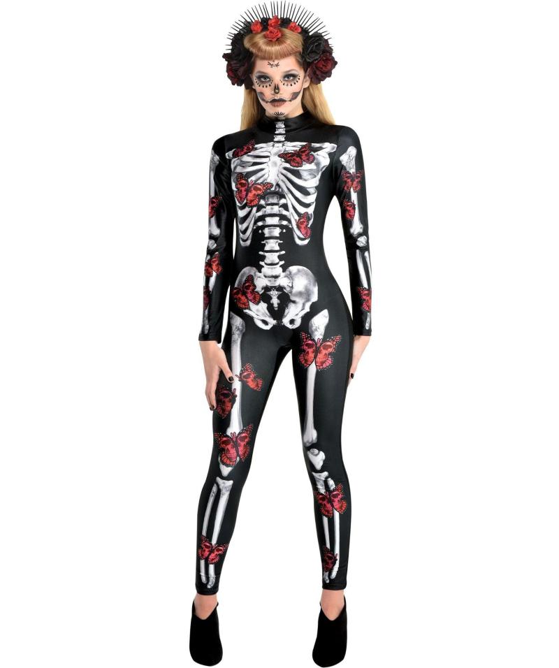 Day of the Dead | Black & Red Skeleton Catsuit With Butterflies For Adults – Day Of The Dead Day of the Dead Day of the Dead