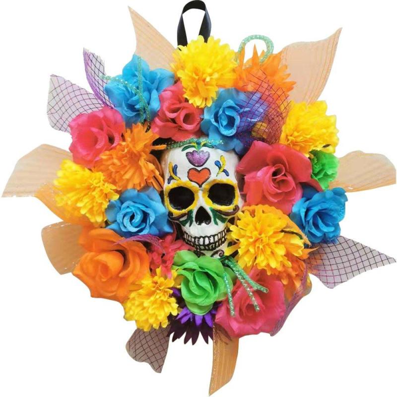 Day of the Dead | Colorful Floral Calavera Day Of The Dead Wreath, 17In Holidays & Occasions Day of the Dead