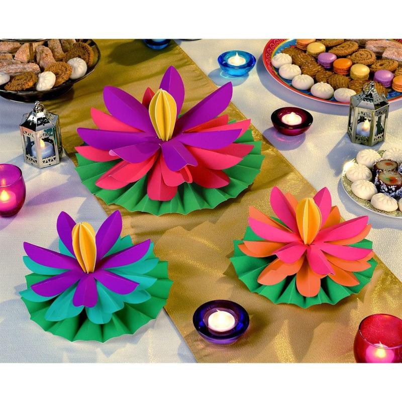 Diwali | Multicolor Diwali Paper Lotus Flowers, 8In-12In, 3Ct Diwali Diwali