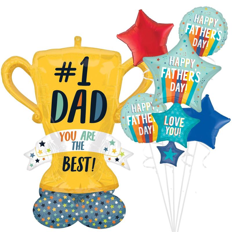 Father’s Day | Airloonz Number One Dad Trophy & Playful Stripes Balloon Bouquet With Balloon Weight, 6Pc Father's Day Father's Day