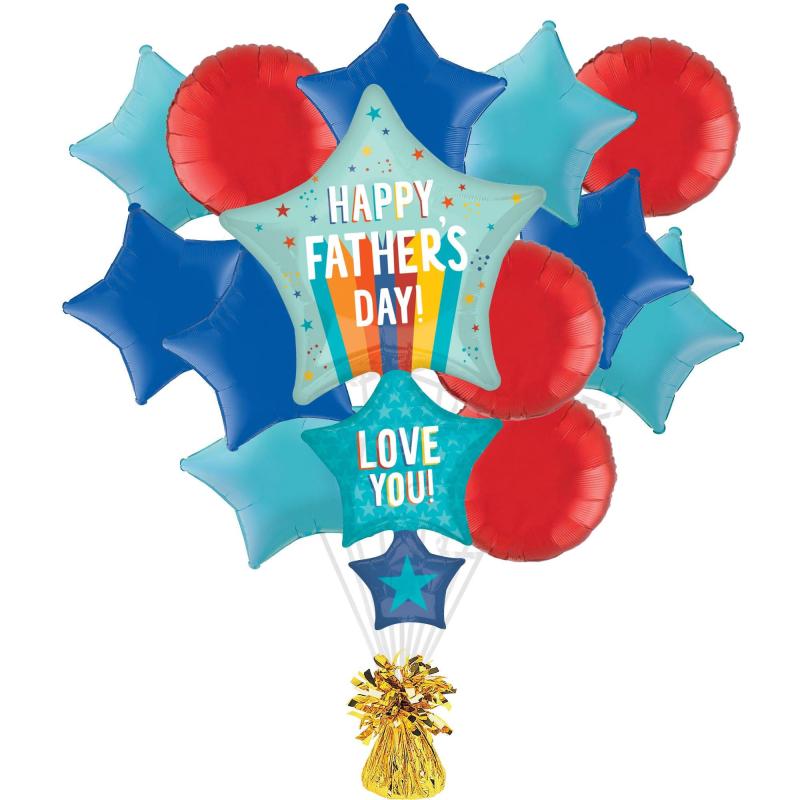 Father’s Day | Playful Stripes Father’s Day Foil Balloon Bouquet With Balloon Weight, 14Pc Father's Day Father's Day