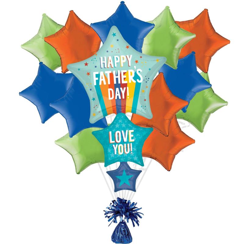 Father’s Day | Playful Stripes & Stars Father’s Day Foil Balloon Bouquet With Balloon Weight, 14Pc Father's Day Father's Day