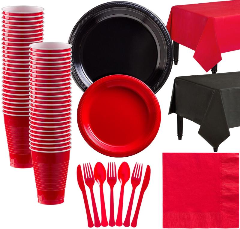 Lunar New Year | Black & Red Plastic Tableware Kit For 50 Guests Holidays & Occasions Lunar New Year