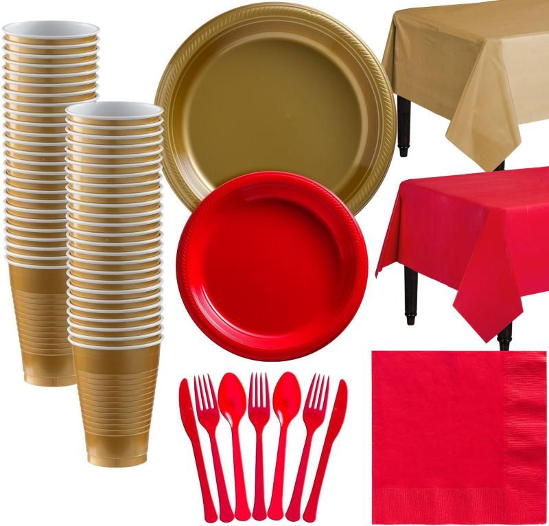 Lunar New Year | Gold & Red Plastic Tableware Kit For 50 Guests Holidays & Occasions Lunar New Year