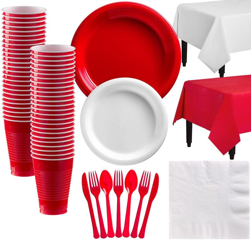 Lunar New Year | Red & White Plastic Tableware Kit For 50 Guests Holidays & Occasions Lunar New Year