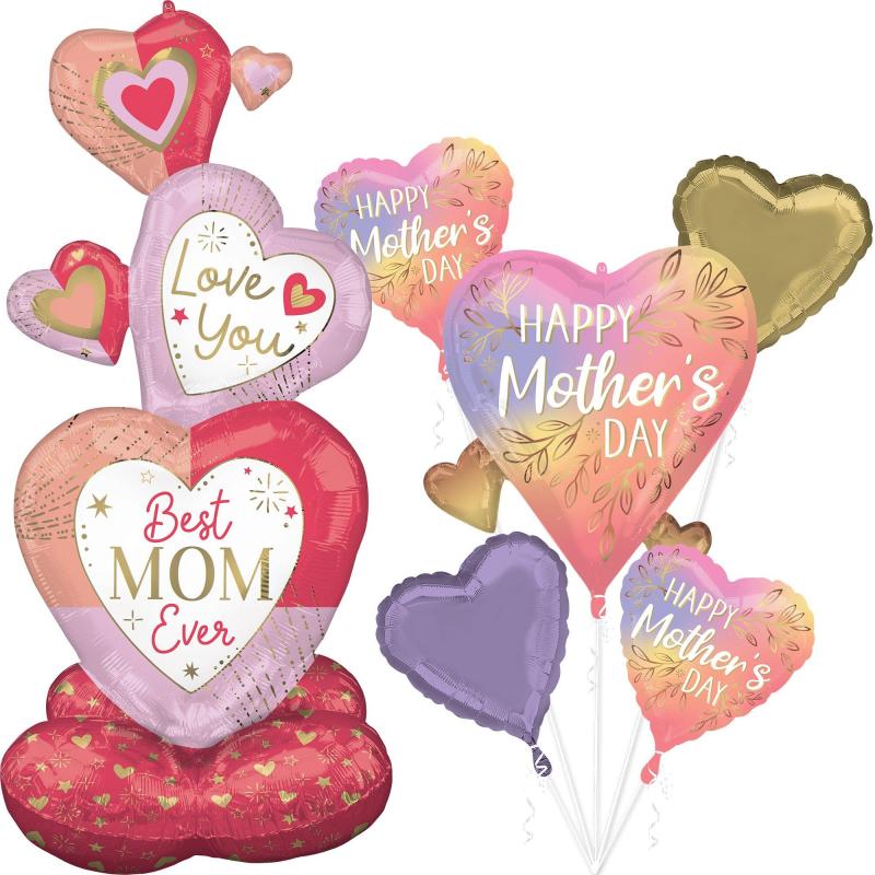 Mother’s Day | Colorful Stacked Hearts Airloonz & Botanical Mother’s Day Balloon Bouquet Set, 6Pc Holidays & Occasions Mother's Day