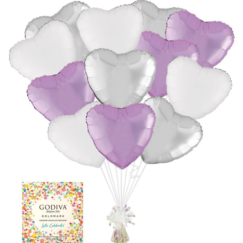 Mother’s Day | Lavender, Silver & White Heart Foil Balloon Bouquet With Balloon Weight & Godiva Chocolates – Gift Set Holidays & Occasions Mother's Day