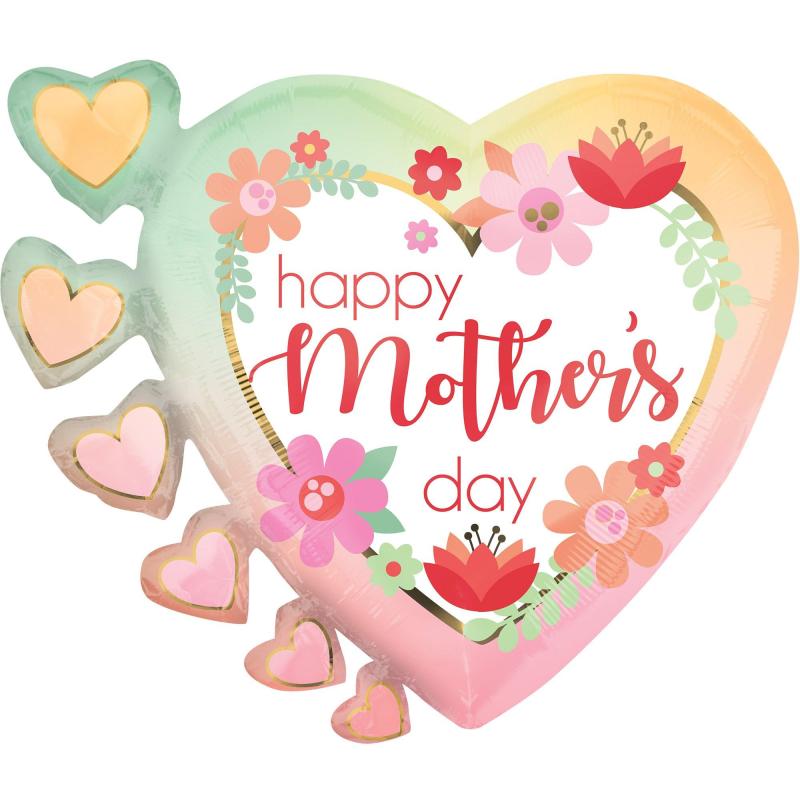 Mother’s Day | Ombre Border Floral Happy Mother’s Day Heart Cluster Foil Balloon, 23In X 24In Holidays & Occasions Mother's Day