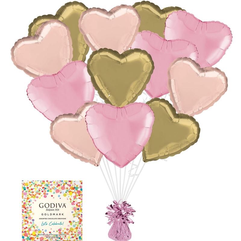 Mother’s Day | Pink, Gold & Rose Gold Heart Foil Balloon Bouquet With Balloon Weight & Godiva Chocolates – Gift Set Holidays & Occasions Mother's Day