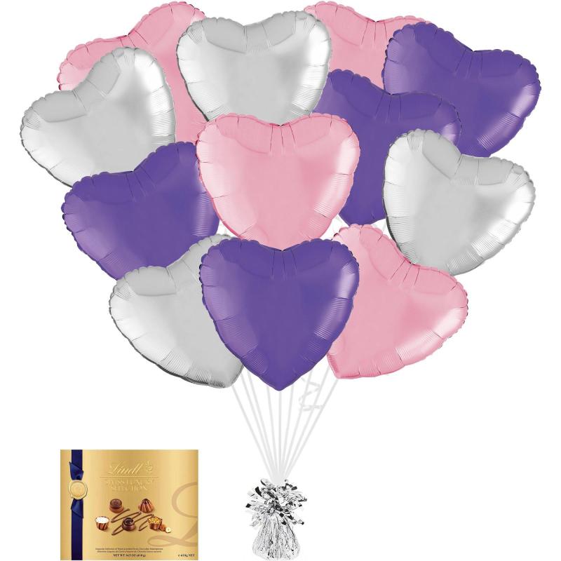 Mother’s Day | Pink, Purple & Silver Heart Foil Balloon Bouquet With Balloon Weight & Lindt Chocolates – Gift Set Holidays & Occasions Mother's Day