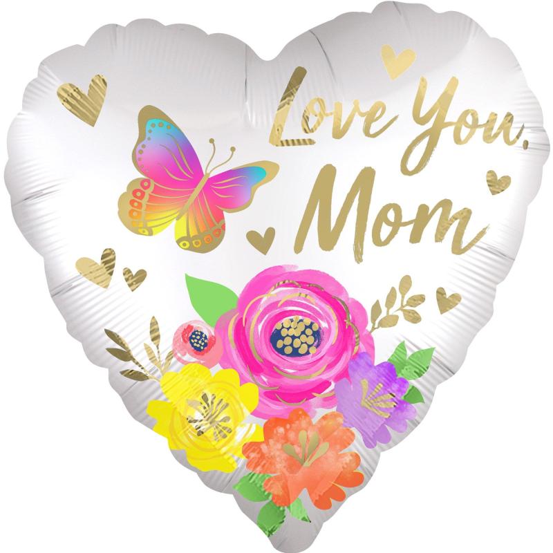 Mother’s Day | Satin Butterfly & Flowers Love You Mom Heart Foil Balloon, 28In Holidays & Occasions Mother's Day