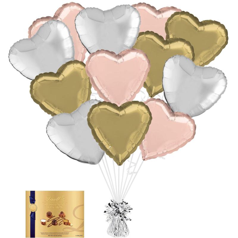 Mother’s Day | Silver, Gold & Rose Gold Heart Foil Balloon Bouquet With Balloon Weight & Lindt Chocolates – Gift Set Holidays & Occasions Mother's Day