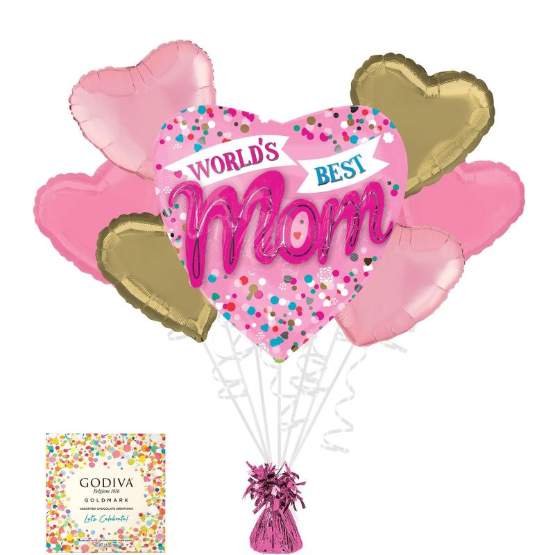 Mother’s Day | World’s Best Mom Foil Balloon Bouquet With Balloon Weight & Godiva Chocolates Mother’s Day Gift Set Holidays & Occasions Mother's Day