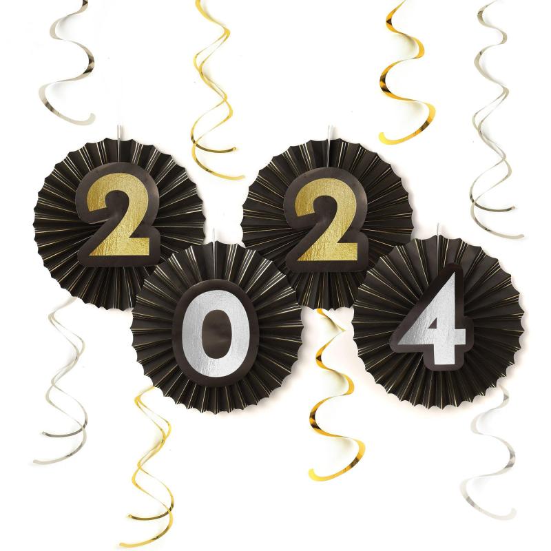 New Year’s Eve | Black, Silver, & Gold Graduation 2024 Fan & Swirl Decorations, 12Pc Holidays & Occasions New Year's Eve