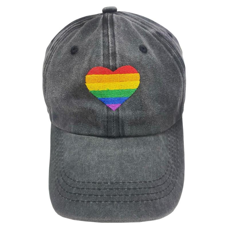 Pride | Faded Black Denim Rainbow Pride Heart Baseball Hat Holidays & Occasions