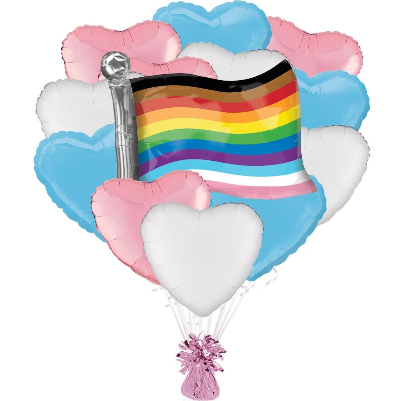 Pride | Trans Hearts & Pride Flag Foil Balloon Bouquet With Balloon Weight, 14Pc Holidays & Occasions