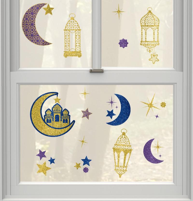 Ramadan | Glitter Crescent Moon & Mosque Eid Cling Decals 15Ct Holidays & Occasions Ramadan