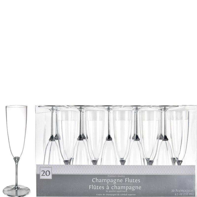 Winter | Clear Premium Plastic Champagne Flutes With Silver Stems, 4.5Oz, 20Ct Holidays & Occasions Winter