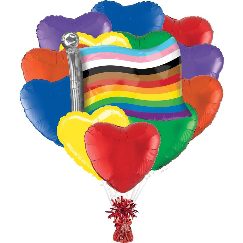 Pride | Rainbow Hearts & Pride Flag Foil Balloon Bouquet With Balloon Weight, 14Pc Holidays & Occasions