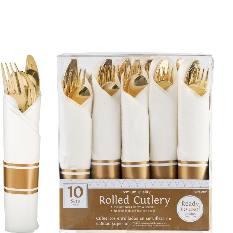 Ramadan | Rolled Metallic Gold Premium Plastic Cutlery Sets 10Ct Holidays & Occasions Ramadan